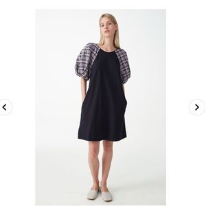 COS navy and check puff sleeve mini dress